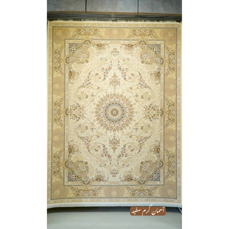 فرش ماشینی 1500 شانه زمینه سفید حاشیه کرم مدل خاطره کویر کاشان آسمان