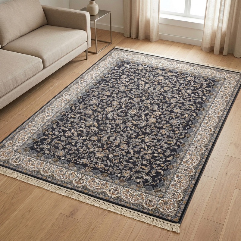 فرش ماشینی 1500 شانه زمینه مشکی حاشیه سفید مدل آراد کاشان باغ رز