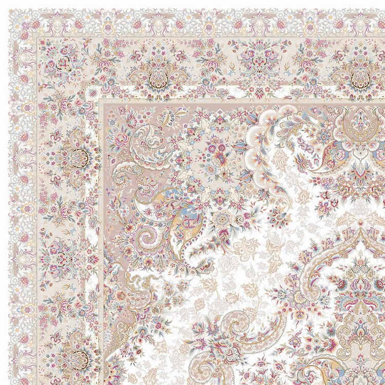 فرش ماشینی 1500 شانه زمینه سفید حاشیه کرم مدل خاطره کویر کاشان خطیبی
