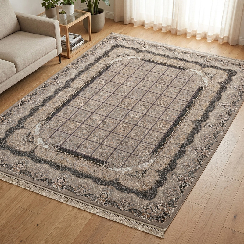 فرش ماشینی 1500 شانه زمینه خاکستری حاشیه مشکی مدل آراد کاشان مرداس