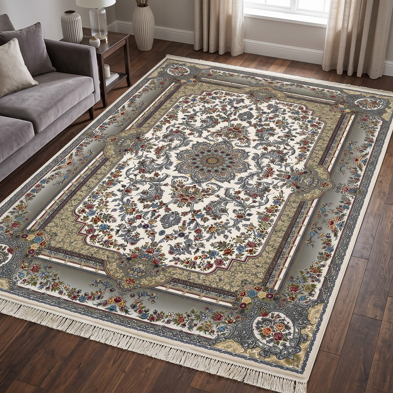 فرش ماشینی 700 شانه زمینه کرم حاشیه فیلی مدل استادزاده تاپ