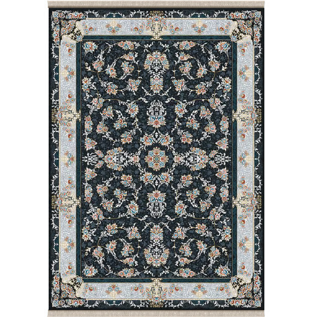 فرش ماشینی 700 شانه زمینه سرمه ای حاشیه نقره ای مدل ژیوانو نورا