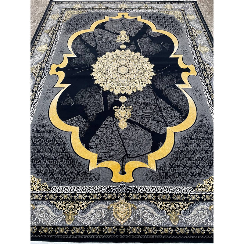 فرش ماشینی 700 شانه زمینه سرمه ای حاشیه نقره ای مدل استادزاده ستاره