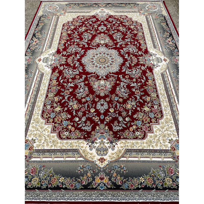 فرش ماشینی 700 شانه زمینه لاکی حاشیه طوسی مدل استادزاده تاپ