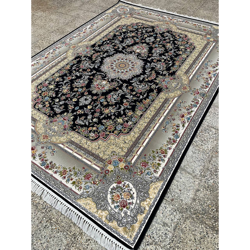 فرش ماشینی 700 شانه زمینه سرمه ای حاشیه فیلی مدل استادزاده تاپ